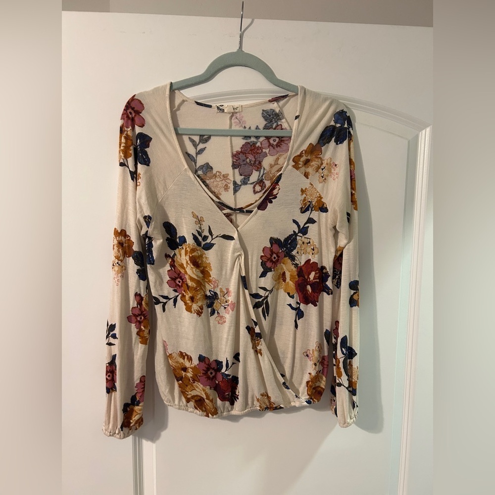 About A Girl Floral Wrap Blouse - Cream, Red, Blue
